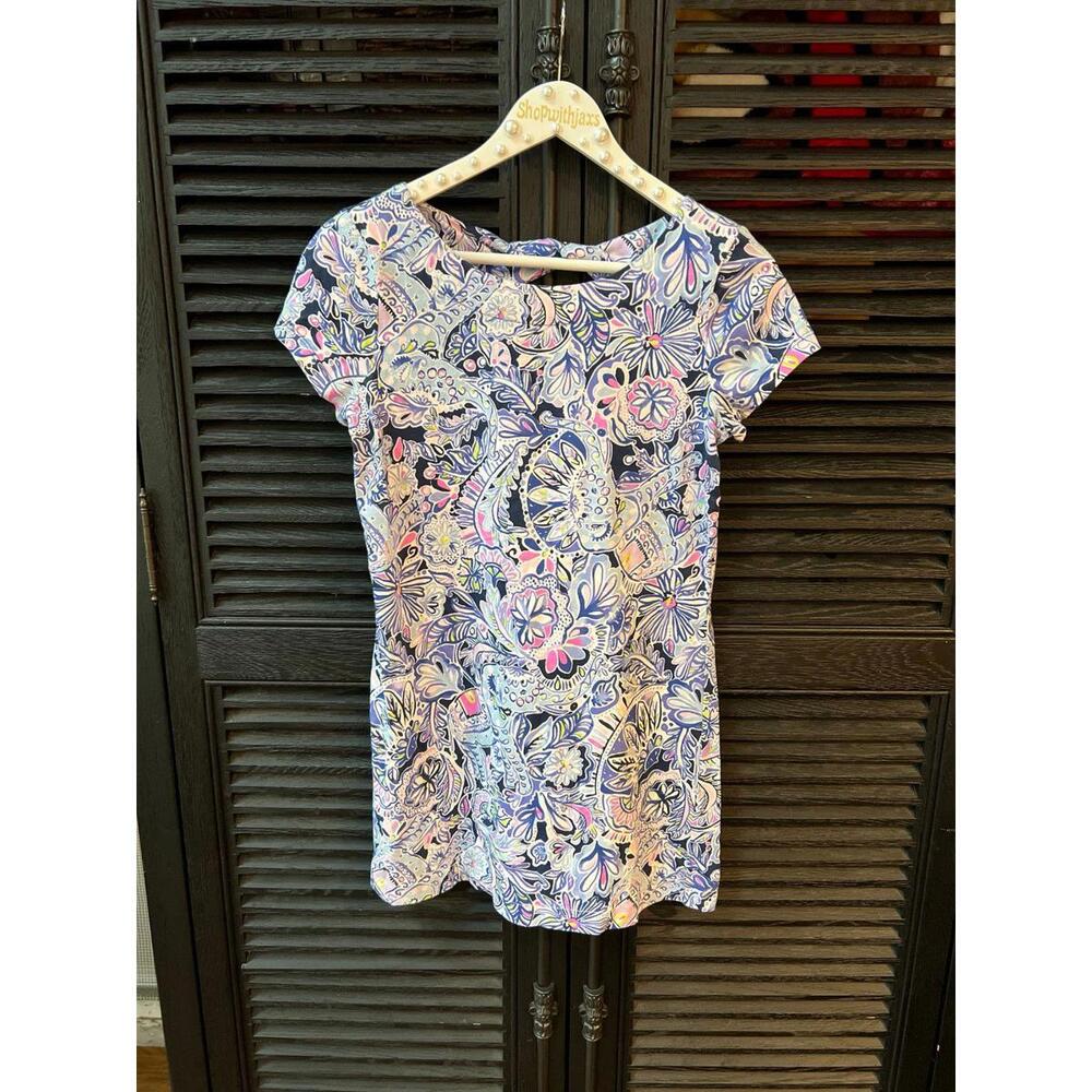 Lilly Pulitzer Short Sleeve Bay Dress Iris Blue Namastay In The Jungle small